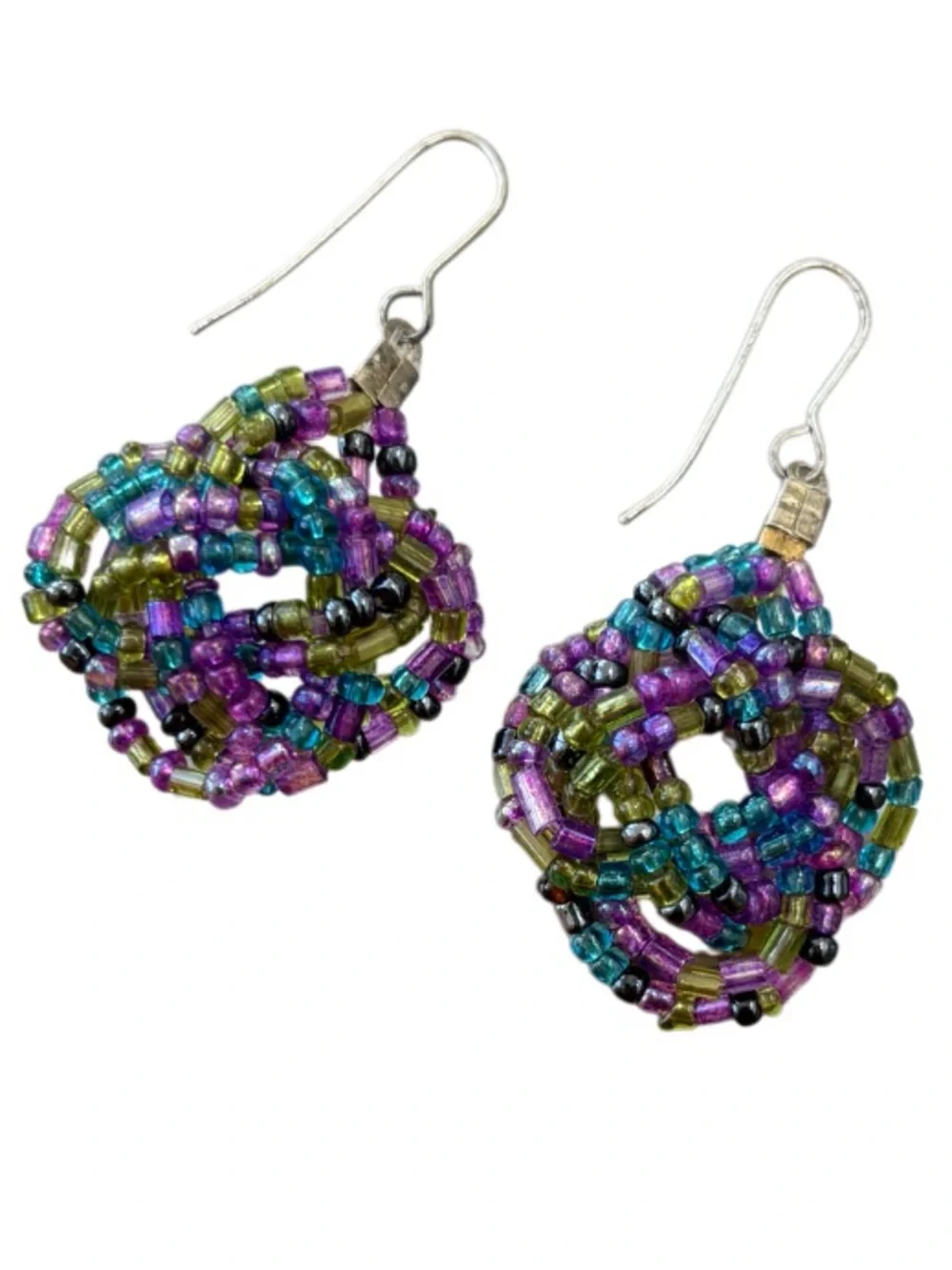 Vintage Beaded Earrings Handmade Flower Dangle Wire Coquette Blue Purple Rose
